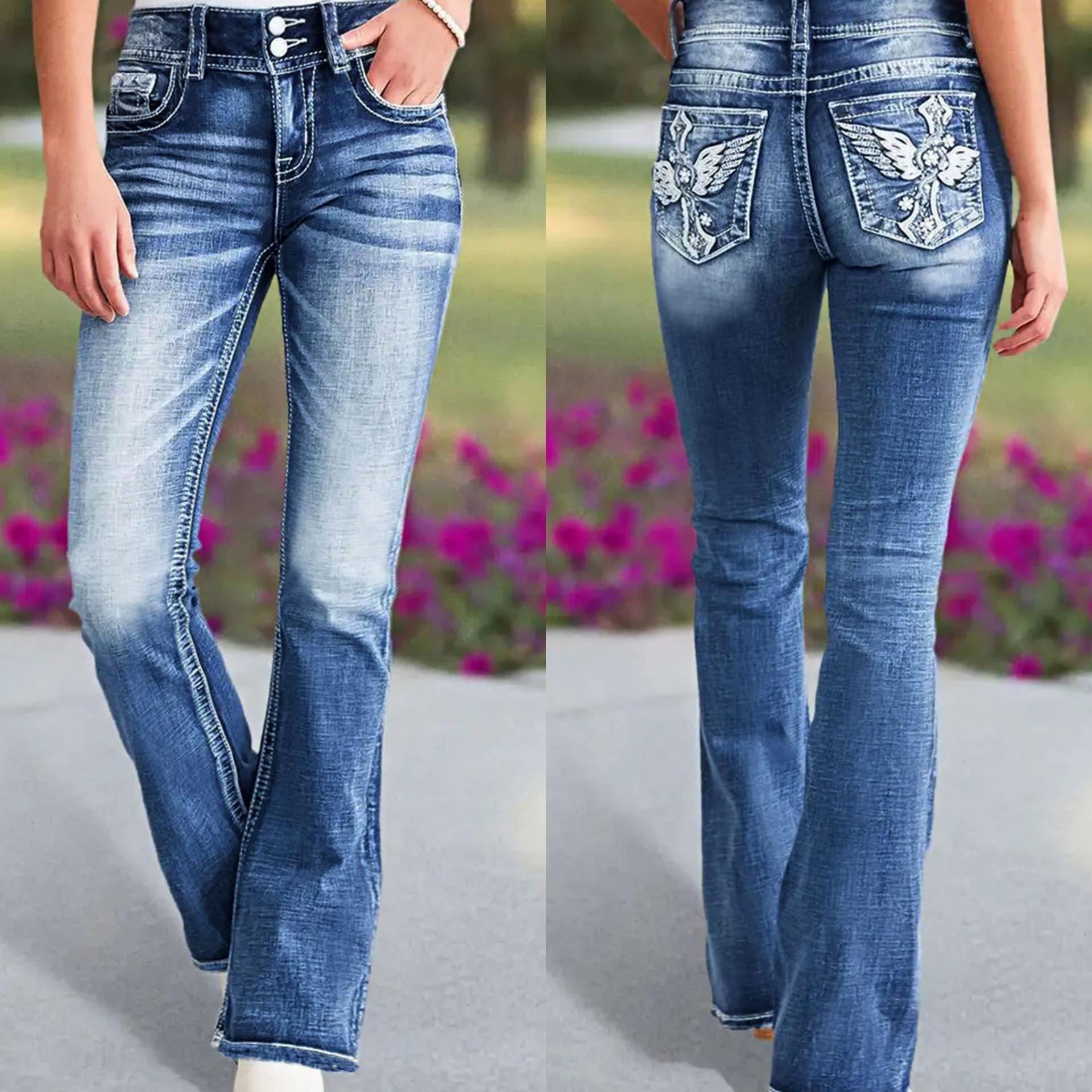 Embroidery Premium - Modische Elastische Schlankmachende Bestickte Schlagjeans mit