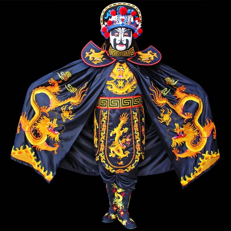 Embroidery Set - Traditionelles Chinesisches Sichuan-Opern-Gesichtsveränderungskostüm Schwarzer Goldener Drachen-Stickerei