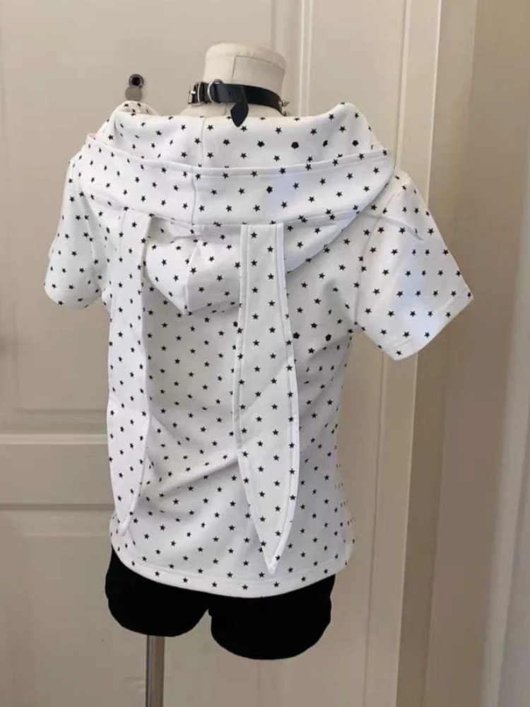 Embroidery Zip Up Hoodie - Japanischer Stern-Print Hasenohren-Hoodie für Damen Lässiger