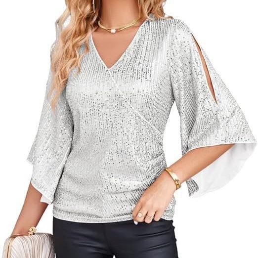 Embroidery Effect - Elegante Damenbluse mit langen Ärmeln, Glockenärmeln,
