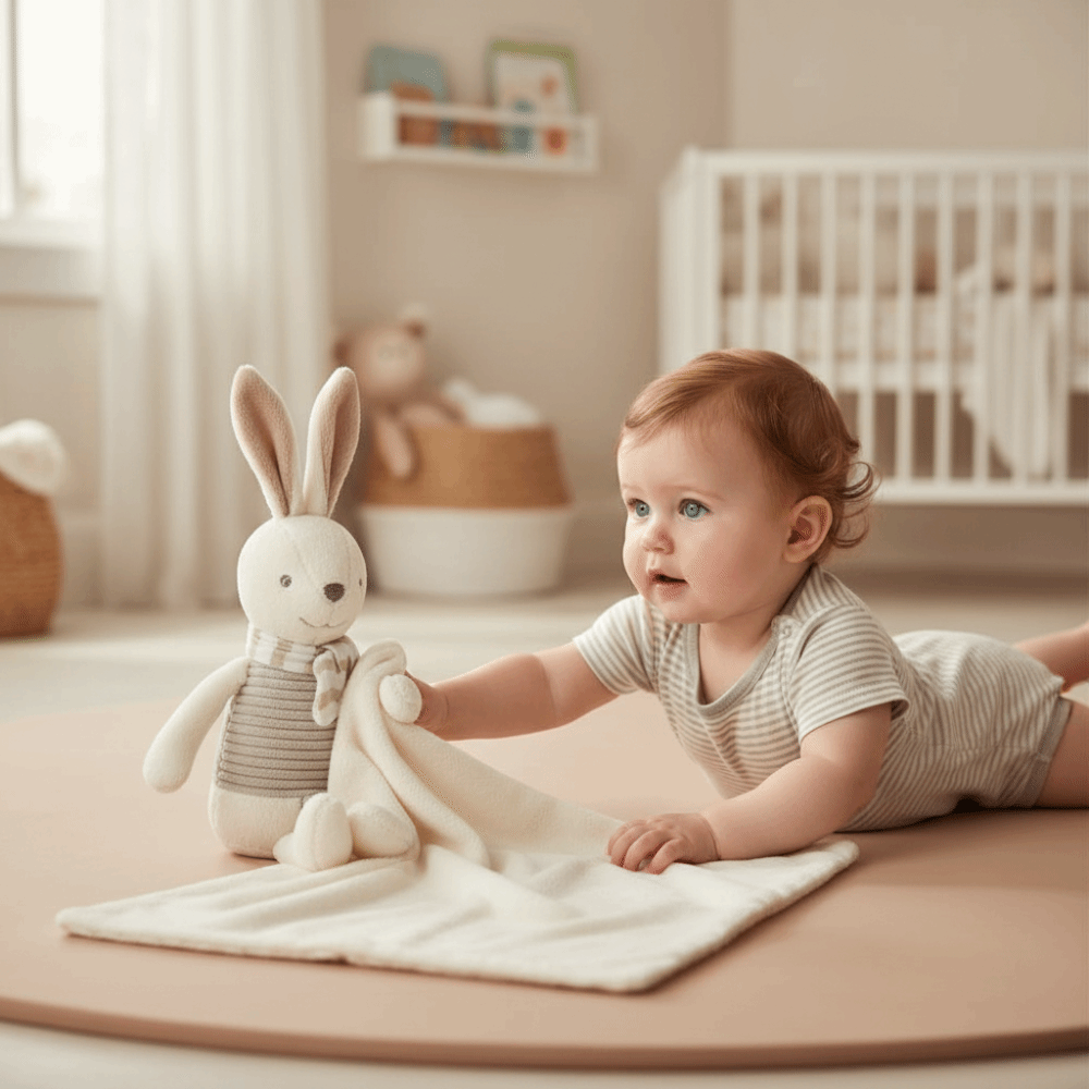 Embroidery Rabbit - Quadratischer Baby-Kaninchen-Schmusetuch mit eleganter Schleifenverzierung, niedlicher
