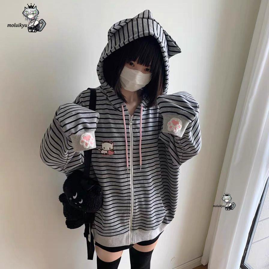 Embroidery Zip Up Hoodie - Y2K Damen Gestreifte Reißverschlussjacke Kawaii Katzenohr-Hoodie