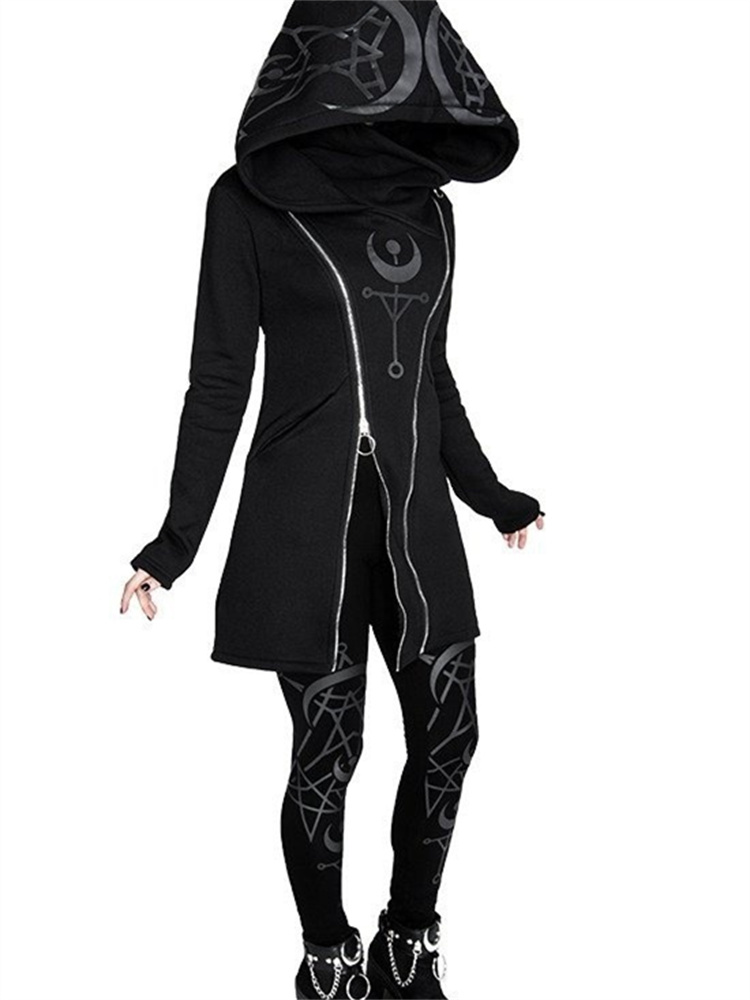Embroidery Zip Up Hoodie - Gothic Punk Print Langarm Top Harajuku