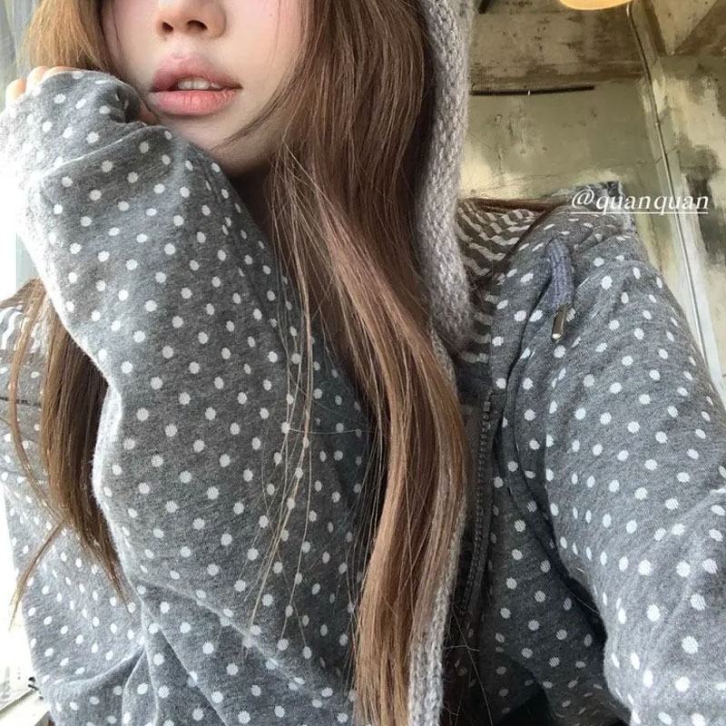 Embroidery Zip Up Hoodie - Koreanische Polka Dot Casual Gedruckt Hoodies