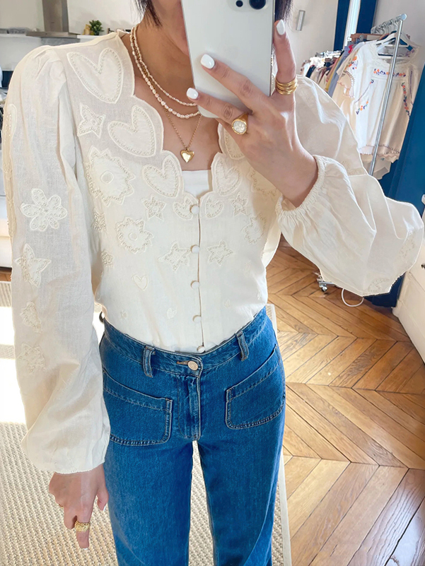 Embroidery Premium - Frühling Sommer Weiße Perlenbesetzte Herz-Stern-Stickerei Laternenärmel