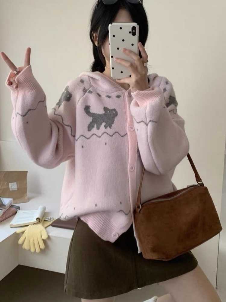 Embroidery Love - Nette Katze Stickerei Hoodies Jacken Gestrickte