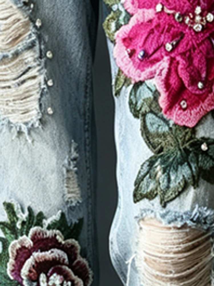 Embroidery Effect - Damen Vintage Distressed Jeans mit 3D-Blumenstickerei,