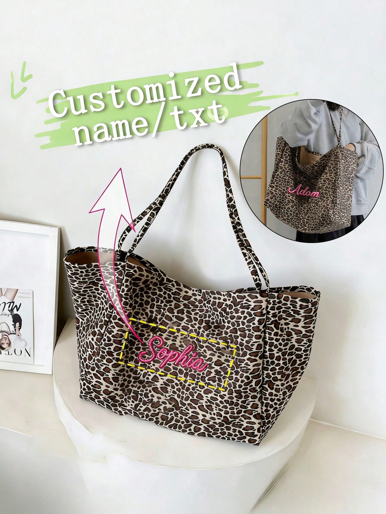 Embroidery Name - Personalisierte Einkaufstasche mit Leopardenmuster für Damen,