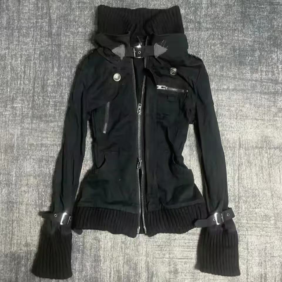 Embroidery Zip Up Hoodie - Y2K Gothic Schwarzer Slim-Fit Hoodie mit