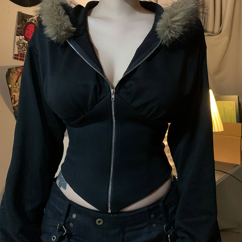 Embroidery Zip Up Hoodie - Dark Goth Herbst Winter Faux Pelz