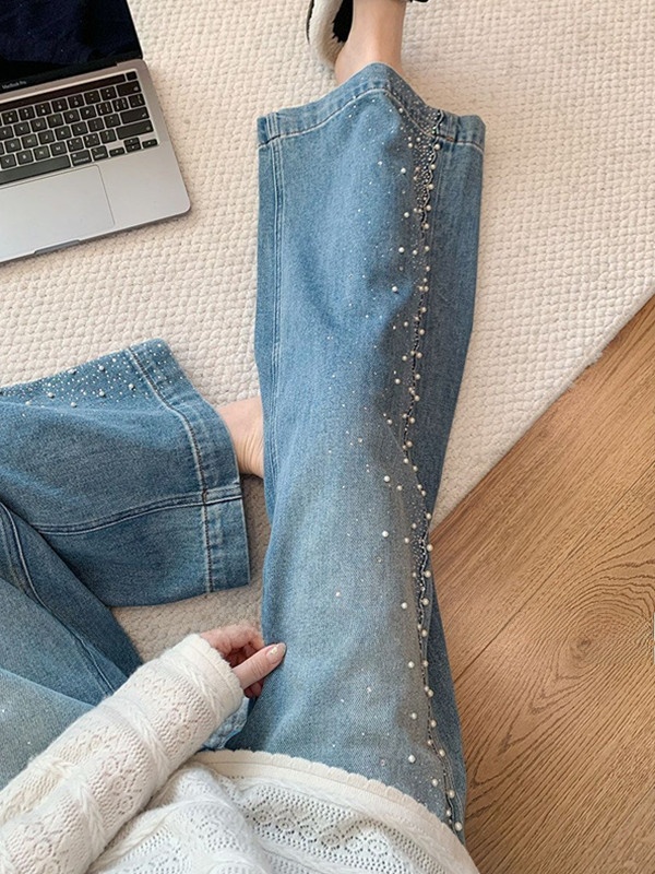 Embroidery Effect - Plus Size Denim Wide Leg Pants