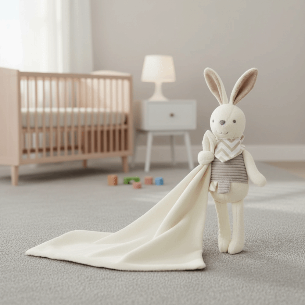 Embroidery Rabbit - Quadratische Baby-Kaninchen-Kuscheldecke mit eleganter Schleifenverzierung, Plüschmaterial,
