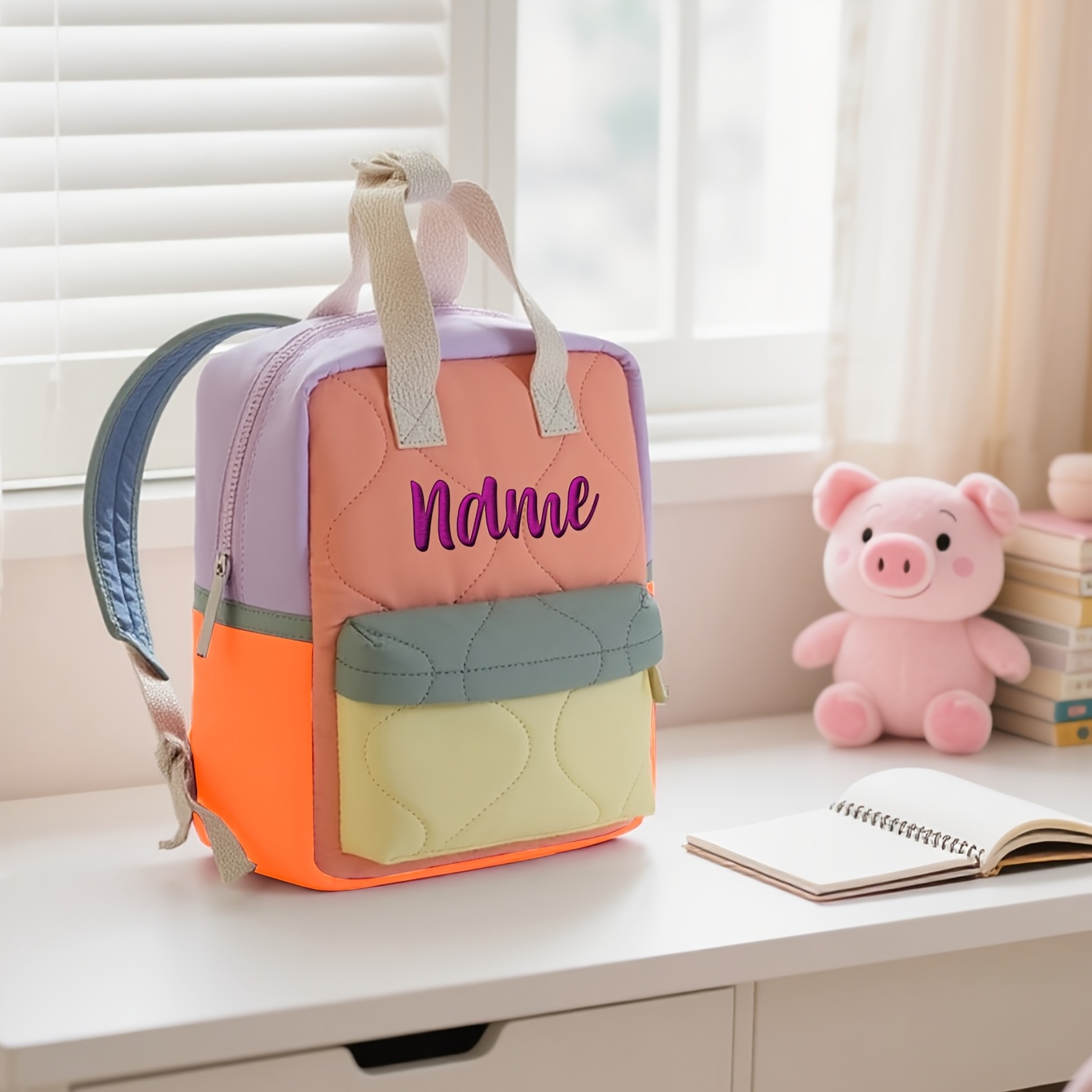 Embroidery Name - Orange-gelber Farbblock-Rucksack für Damen – individuelle