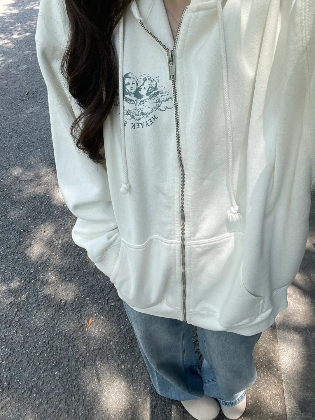 Embroidery Zip Up Hoodie - Tasche Zip-up Sweatshirts Tops Frauen Weiß