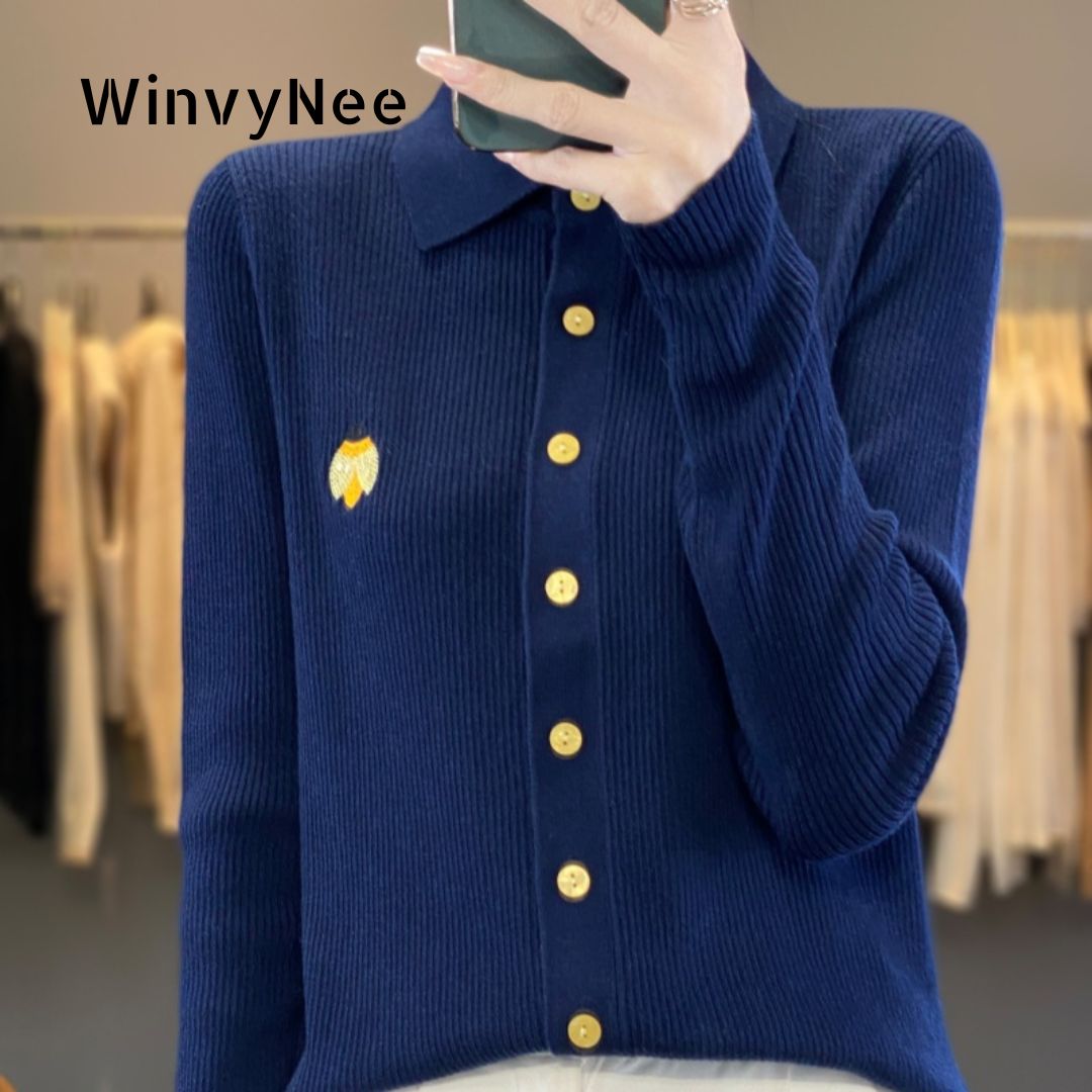 Embroidery Lady Bug - WinvyNee Damenbekleidung, Frühlings-Cardigan mit Rollkragen, Marienkäfer-Pailletten-Stickerei,