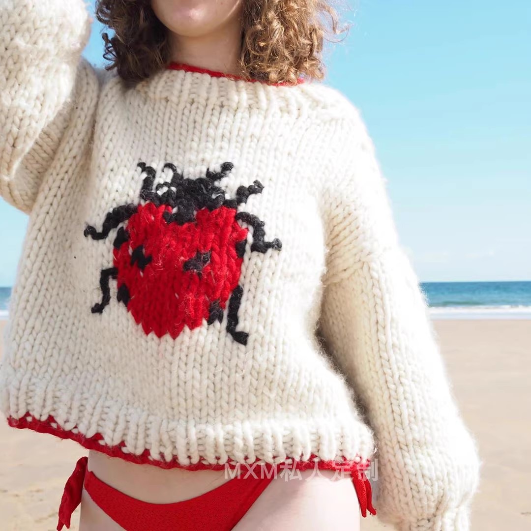 Embroidery Lady Bug - Sieben-Sterne-Marienkäfer-Muster, reine Wolle, handgestrickter grober Wollpullover
