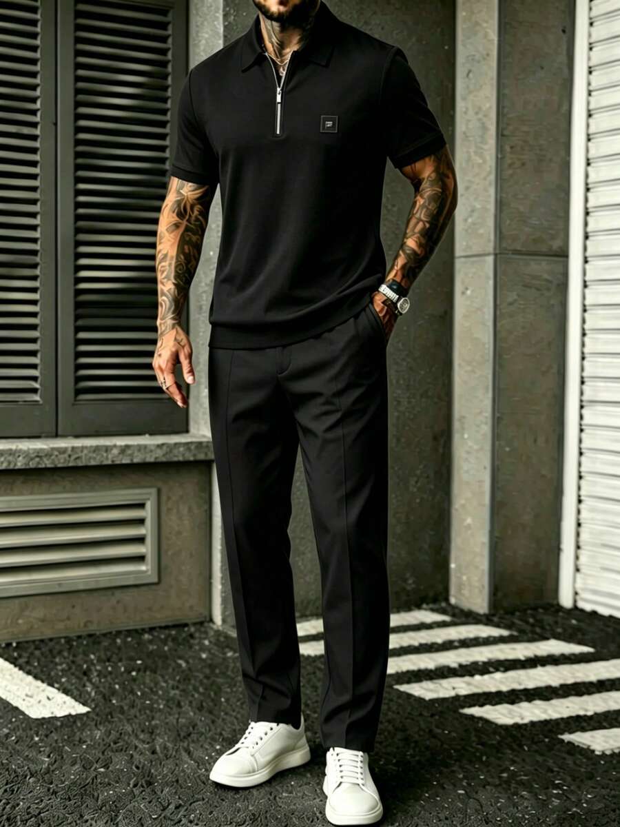 Embroidery Set - Herren-Set aus schwarzem Kurzarm-Reißverschluss-Shirt und Hose