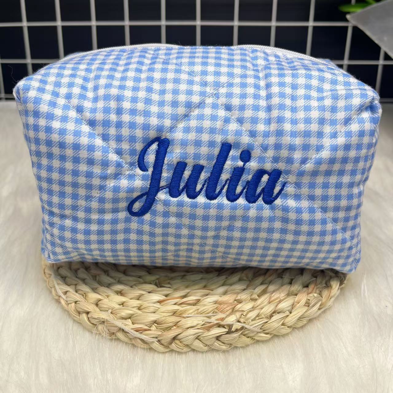 Embroidery Name - Gestreifte Kosmetiktasche mit großem Fassungsvermögen und