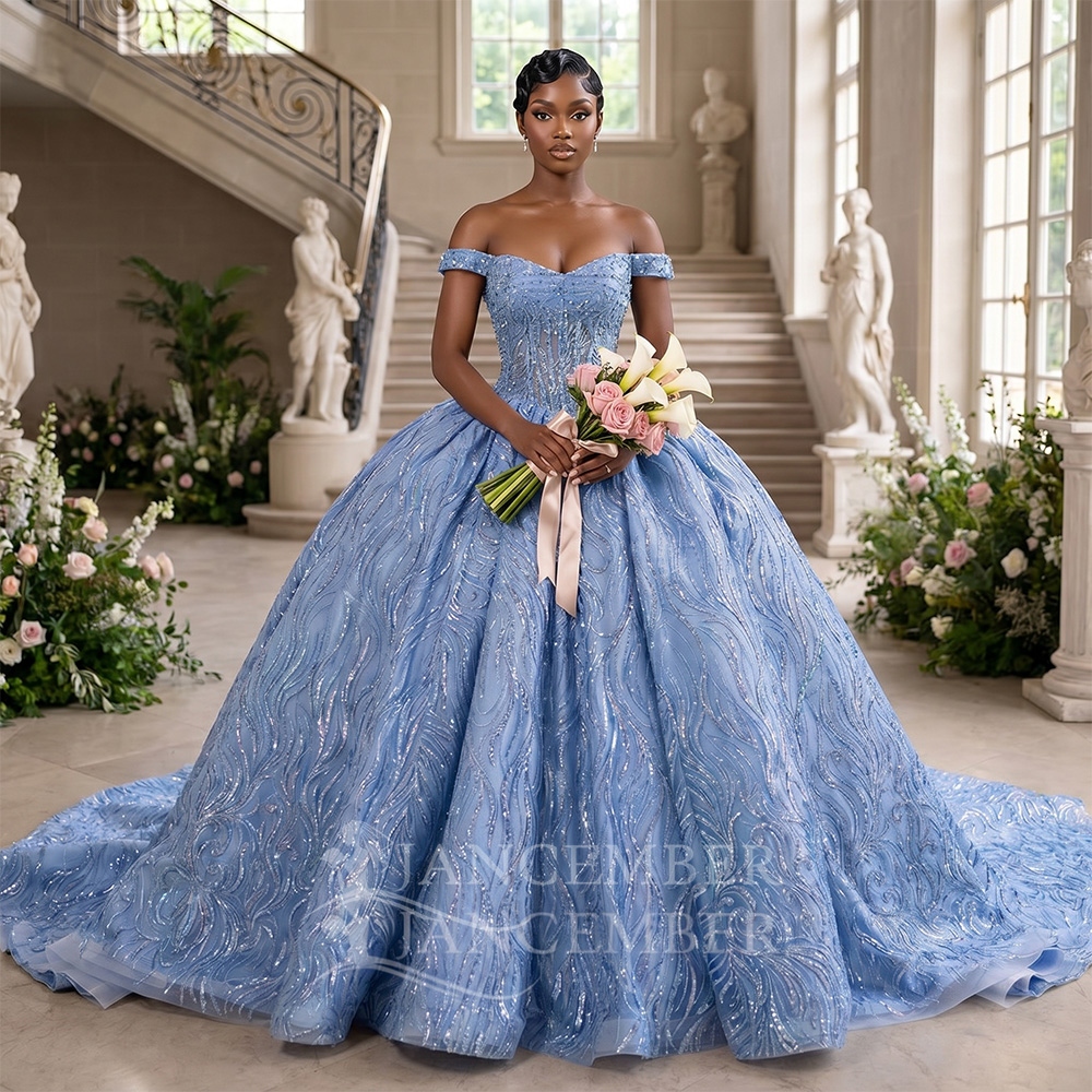 Embroidery Organza - Maßgeschneidertes blaues Quinceanera-Kleid mit Schleppe, Perlenstickerei,