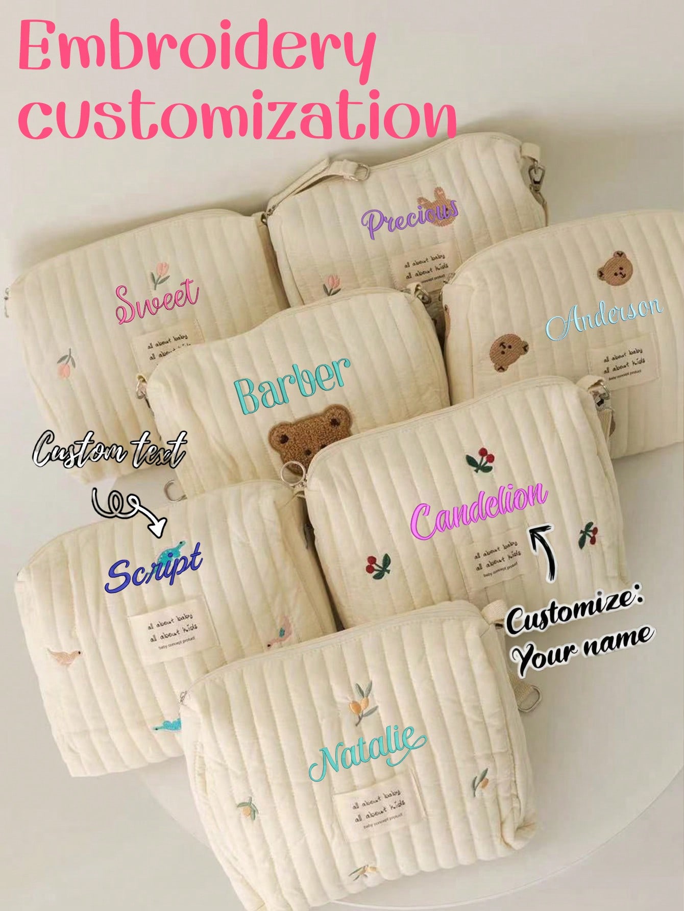 Embroidery Name - Personalisierte Bestickte Baby-Wickeltasche Gesteppte Aufbewahrungstasche Niedliche