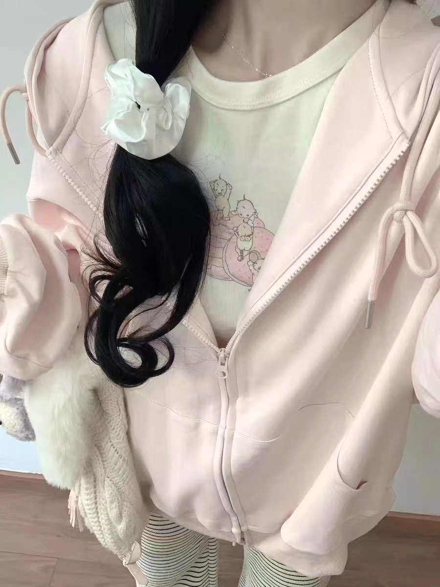 Rosa süßer übergroßer Kapuzenp – Embroidery Zip Up Hoodie Bewertung und Preis