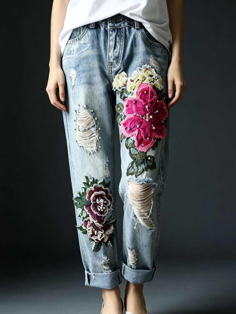 Damen Vintage Distressed Jeans – Embroidery Effect Bewertung und Preis