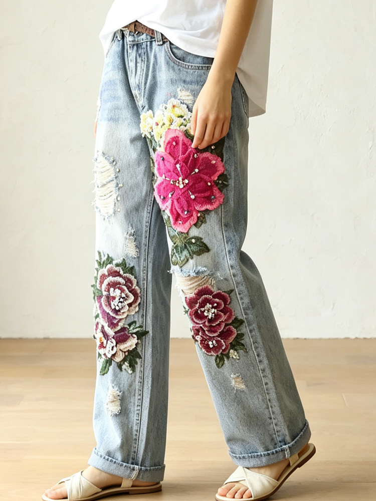Damen Vintage Distressed Jeans – Embroidery Effect Bewertung und Preis